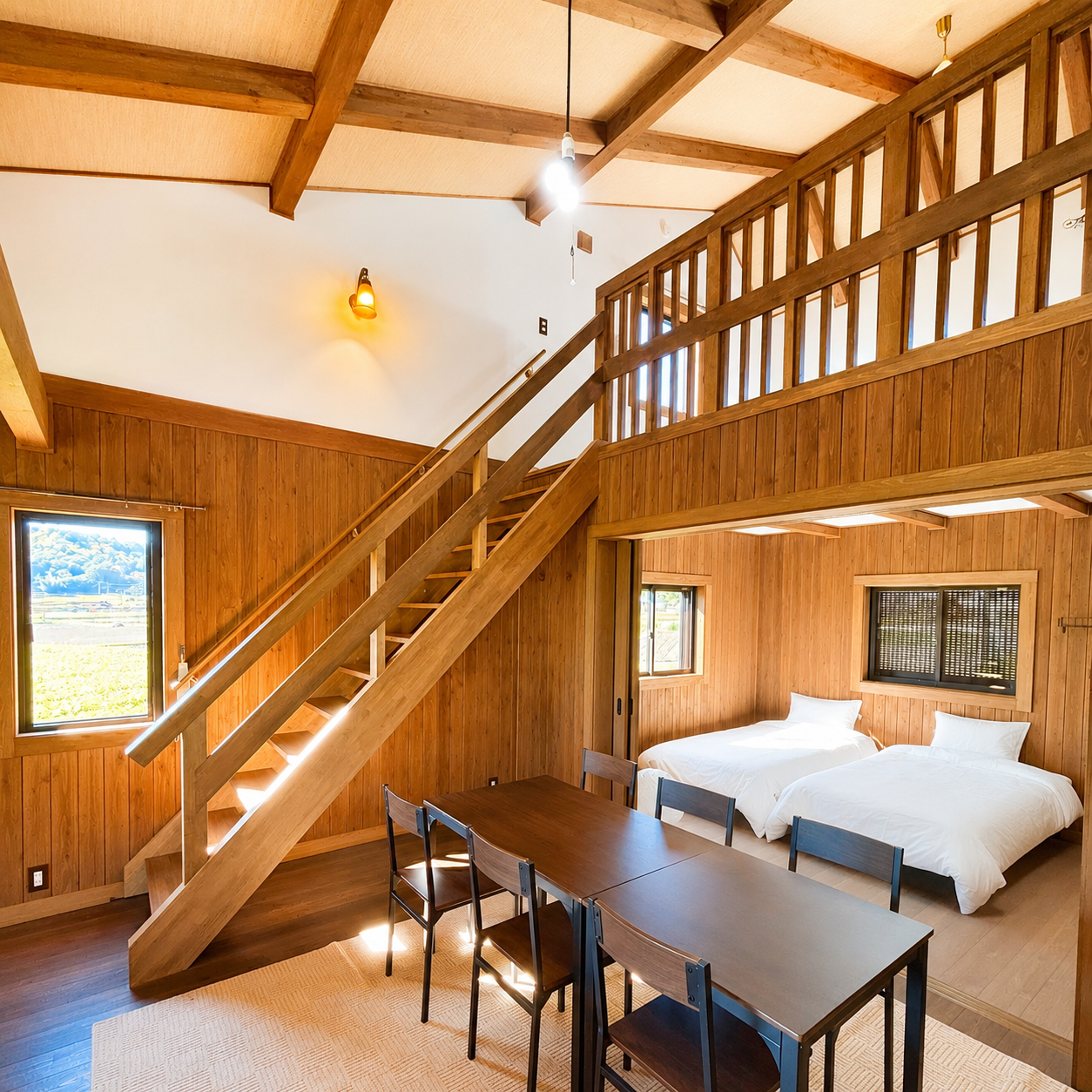Wooden living space filled with natural light